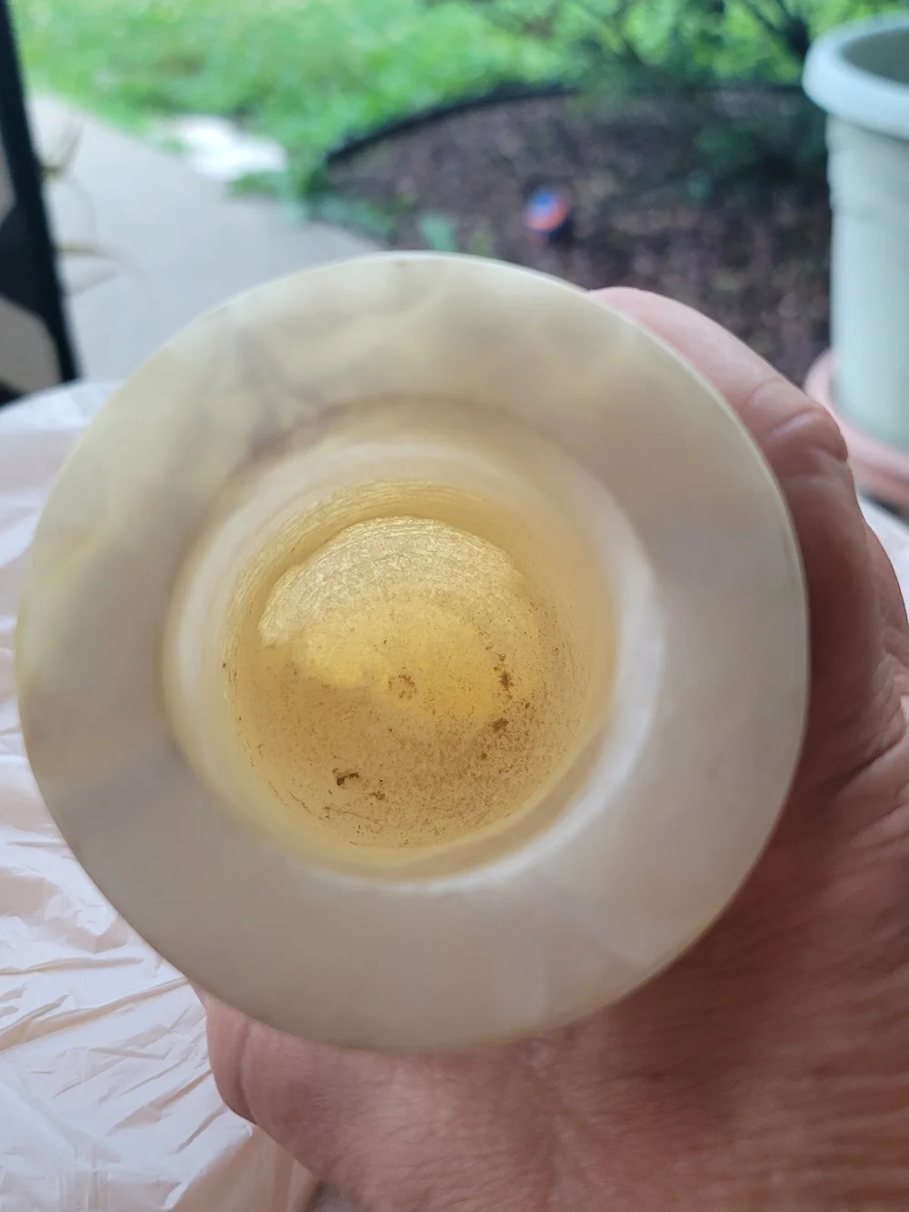 Hand Carved Stone/Alabaster Cream Low Urn Form Vase. Heavy